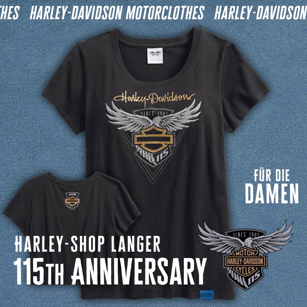 Harley-Davidson Motorclothes - Harley-Shop Langer - Für Männer und Herren: 115th Anniversary Jubiläumspaket bestehend aus T-Shirt und Basball-Cap Harley-Davidson Motorclothes 115th Anniversary für Damen Frauen T-Shirt mit Metallicbestickung